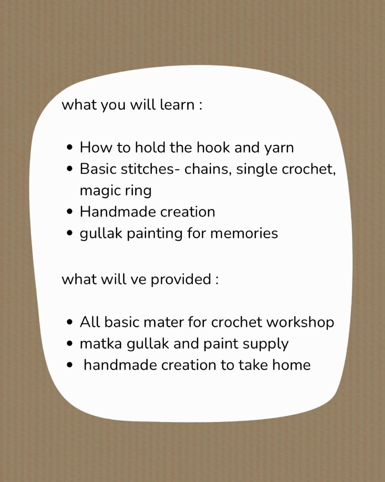 What you will learn at the crochet and gullak painting workshop